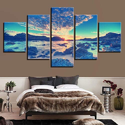 OHHCO Leinwanddrucke Leinwandbild Wohnkultur Druckplakat 5 Stücke Strand Welle Riff Malerei Sonnenaufgang Himmel Wolke Seascape Wandkunst