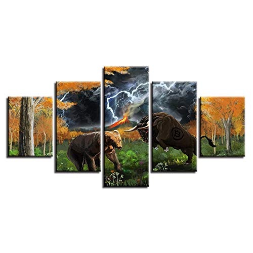 OHHCO Leinwanddrucke Poster Leinwandbild Hd-Druck 5 Stück Tier Bär Und Stier Blitz Abstrakte Landschaftsmalerei Wandkunst Dekoration