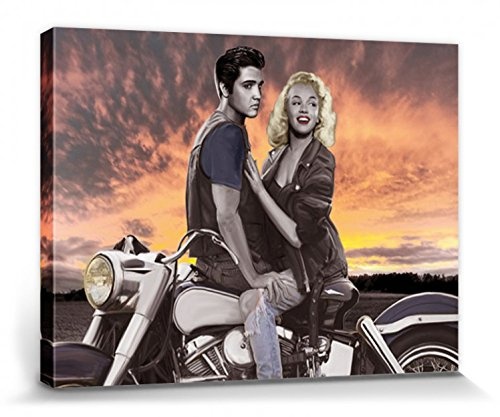 1art1 69341 Joshua M. Nelson - Marylin Monroe Und Elvis Presley, Motorrad-Ausflug Im Sonnenuntergang Leinwandbild Auf Keilrahmen 80 x 60 cm