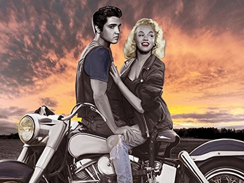 1art1 69341 Joshua M. Nelson - Marylin Monroe Und Elvis Presley, Motorrad-Ausflug Im Sonnenuntergang Leinwandbild Auf Keilrahmen 80 x 60 cm