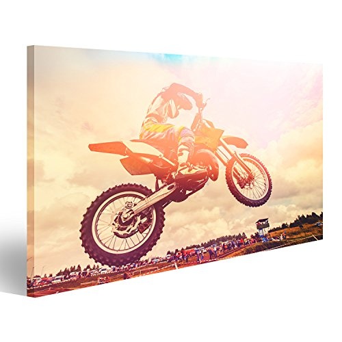 islandburner Bild auf Leinwand Rennläufer auf Motorrad Dirtbike Motocross-Querfeldein im Flug, springt und entfernt Sich auf Sprung Wandbild, Poster, Leinwandbild HOR-1K