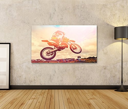 islandburner Bild auf Leinwand Rennläufer auf Motorrad Dirtbike Motocross-Querfeldein im Flug, springt und entfernt Sich auf Sprung Wandbild, Poster, Leinwandbild HOR-1K