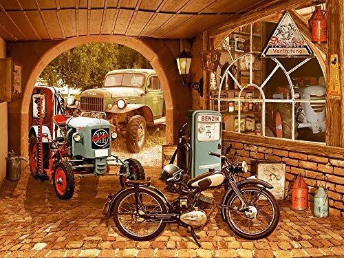 Artland Qualitätsbilder I Bild auf Leinwand Leinwandbilder Wandbilder 60x45 cm Fahrzeuge Traktoren Digitale Kunst Braun D9SV Nostalgie-Werkstatt mit Traktor und Motorrad