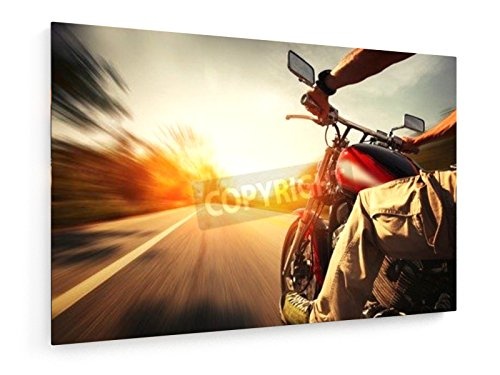 Biker Fahren Motorrad auf Einer leeren Straße am sonnigen Tag - 30x20 cm - Leinwandbild auf Keilrahmen - Wand-Bild - Kunst, Gemälde, Foto, Bild auf Leinwand - Motorräder
