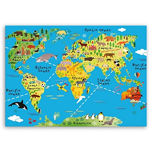 ge Bildet® hochwertiges Leinwandbild XXL - Weltkarte für Kinder - Hellblau - Bild für kinderzimmer - 100 x 70 cm einteilig 2202 K