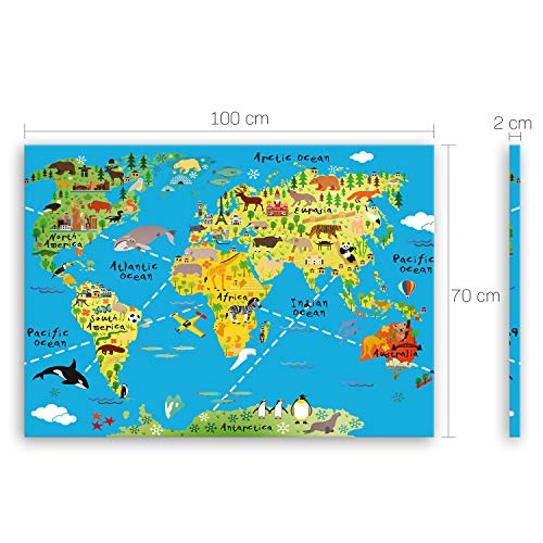 ge Bildet® hochwertiges Leinwandbild XXL - Weltkarte für Kinder - Hellblau - Bild für kinderzimmer - 100 x 70 cm einteilig 2202 K