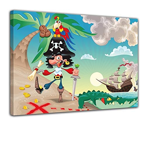 Wandbild - Kinderbild Pirat auf Insel Cartoon - Bild auf Leinwand - 80x60 cm - Leinwandbilder - Kinder - Abenteuer - Schatzinsel - Schatzsuche