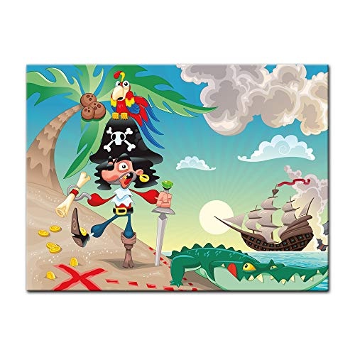 Wandbild - Kinderbild Pirat auf Insel Cartoon - Bild auf Leinwand - 80x60 cm - Leinwandbilder - Kinder - Abenteuer - Schatzinsel - Schatzsuche