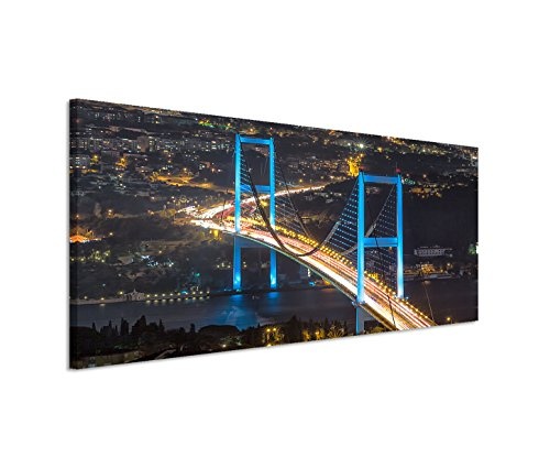 150x50cm Leinwandbild auf Keilrahmen Istanbul Bosporus Brücke Nacht Lichter Wandbild auf Leinwand als Panorama