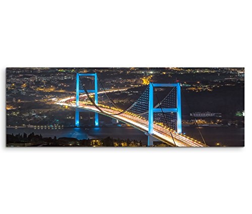 150x50cm Leinwandbild auf Keilrahmen Istanbul Bosporus Brücke Nacht Lichter Wandbild auf Leinwand als Panorama