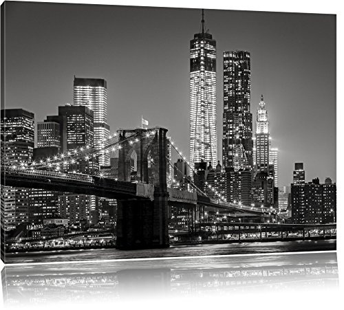 New York City Skyline bei Nacht Format: 120x80 cm auf Leinwand, XXL riesige Bilder fertig gerahmt mit Keilrahmen, Kunstdruck auf Wandbild mit Rahmen, günstiger als Gemälde oder Ölbild, kein Poster oder Plakat