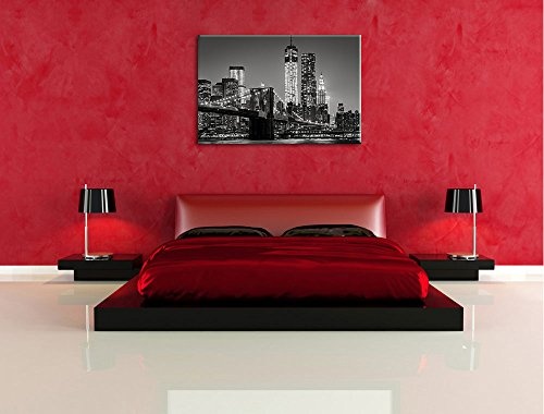 New York City Skyline bei Nacht Format: 120x80 cm auf Leinwand, XXL riesige Bilder fertig gerahmt mit Keilrahmen, Kunstdruck auf Wandbild mit Rahmen, günstiger als Gemälde oder Ölbild, kein Poster oder Plakat