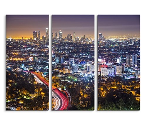 3x40x90cm (Gesamt:130x90cm) 3teiliges Bild auf Leinwand Los Angeles Skyline Nacht Lichter Wandbild auf Leinwand als Panorama