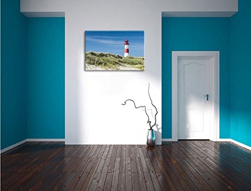 Leuchtturm hinter Dünen Format: 60x40 auf Leinwand, XXL riesige Bilder fertig gerahmt mit Keilrahmen, Kunstdruck auf Wandbild mit Rahmen, günstiger als Gemälde oder Ölbild, kein Poster oder Plakat