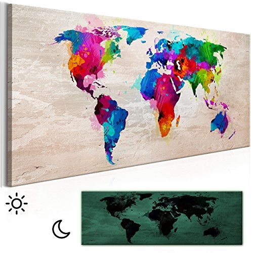 decomonkey Leinwand Bilder nachtleuchtend Weltkarte Welt Karte Landkarte Kontinente 135x45 cm Wandbilder Tag & Nacht Design Bilder mit 3D nachleuchtenden Farben Vlies Leinwand