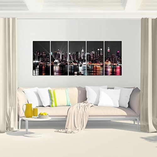 Bilder New York City Wandbild 200 x 80 cm Vlies - Leinwand Bild XXL Format Wandbilder Wohnzimmer Wohnung Deko Kunstdrucke Weiß 5 Teilig - Made IN Germany - Fertig zum Aufhängen 601955a