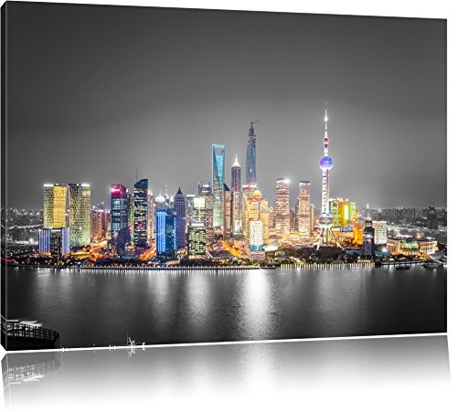 Shanghai Skyline bei Nacht schwarz/weiß Format: 100x70 auf Leinwand, XXL riesige Bilder fertig gerahmt mit Keilrahmen, Kunstdruck auf Wandbild mit Rahmen, günstiger als Gemälde oder Ölbild, kein Poster oder Plakat