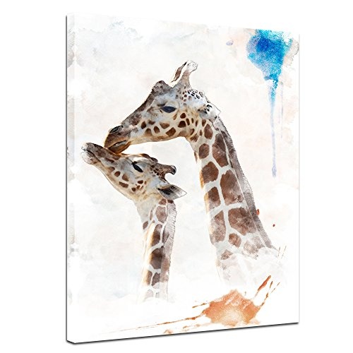 Wandbild - Aquarell - Giraffe - Bild auf Leinwand 40 x 50 cm einteilig - Leinwandbilder - Bilder als Leinwanddruck - Tierwelten - Malerei - Afrika - Giraffe und Ihr Junges