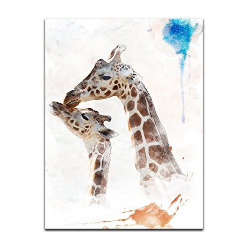 Wandbild - Aquarell - Giraffe - Bild auf Leinwand 40 x 50 cm einteilig - Leinwandbilder - Bilder als Leinwanddruck - Tierwelten - Malerei - Afrika - Giraffe und Ihr Junges
