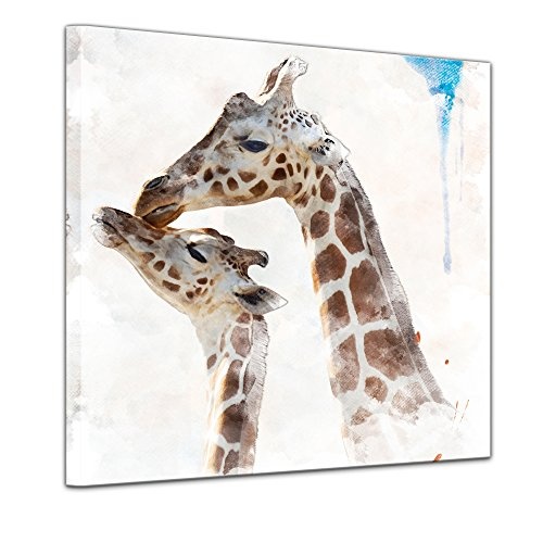 Keilrahmenbild - Aquarell - Giraffe - Bild auf Leinwand 80 x 80 cm einteilig - Leinwandbilder - Bilder als Leinwanddruck - Tierwelten - Malerei - Afrika - Giraffe und Ihr Junges
