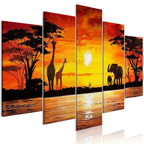 decomonkey Bilder Afrika Tiere 100x50 cm 5 TLG. Leinwandbilder Bild auf Leinwand Vlies Wandbild Kunstdruck Wanddeko Wand Wohnzimmer Wanddekoration Deko Elefant Giraffe Sonnenuntergang
