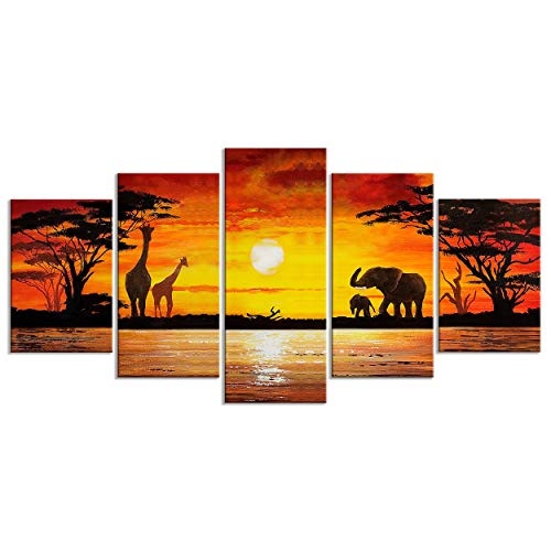 decomonkey Bilder Afrika Tiere 100x50 cm 5 TLG. Leinwandbilder Bild auf Leinwand Vlies Wandbild Kunstdruck Wanddeko Wand Wohnzimmer Wanddekoration Deko Elefant Giraffe Sonnenuntergang