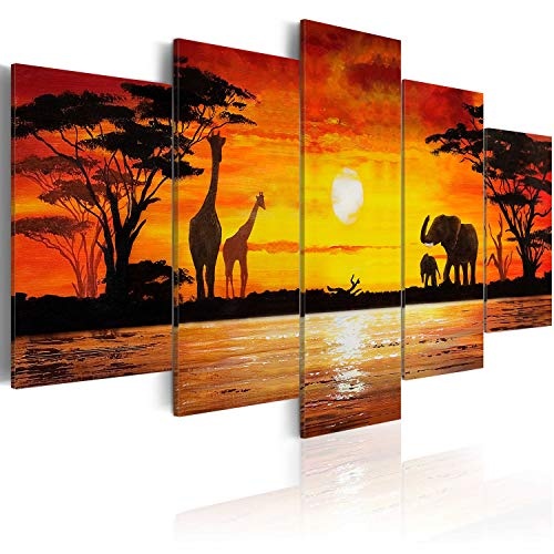 murando - handbemalte Bilder auf Leinwand Afrika 200x100 cm - 5 Teilig - Leinwandbilder - Wandbilder XXL - Kunst - Wandbild - Savanne Sonnenuntergang Giraffe Elefanten 5730