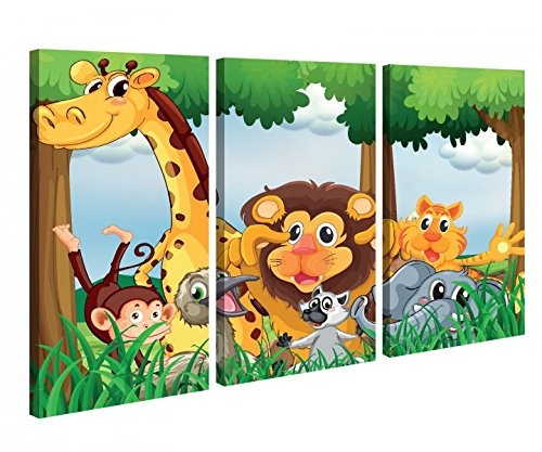 Leinwandbild 3 Tlg Tiere Kinderzimmer Löwe Giraffe...