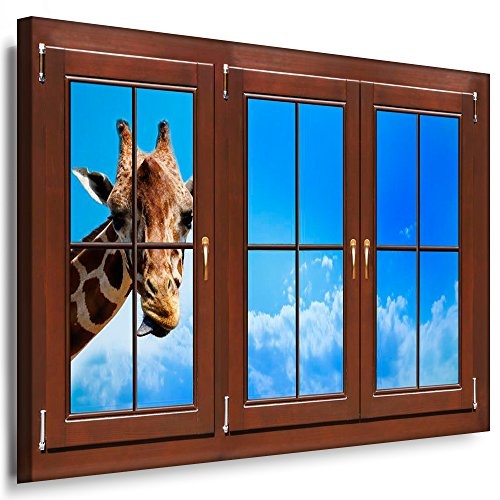 BOIKAL XXLF58-5 3D Effekt Bilder Fensterblick Deko Wandbild fertig gerahmt! Leinwand glanz! Kunstdruck Giraffe, Tiere