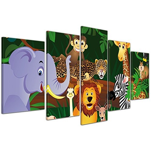Wandbild - Kinderbild Wilde Tiere im Dschungel Cartoon - Bild auf Leinwand - 100x50 cm 5 teilig - Leinwandbilder - Kinder - Regenwald - Urwald - abenteuerlich