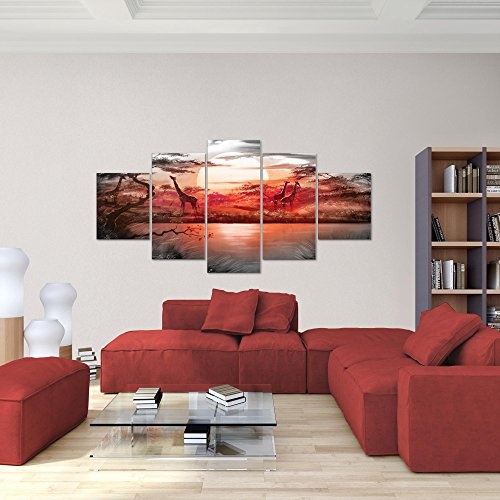 Bilder Afrika Giraffe Wandbild 200 x 100 cm Vlies - Leinwand Bild XXL Format Wandbilder Wohnzimmer Wohnung Deko Kunstdrucke Rot Grau 5 Teilig - MADE IN GERMANY - Fertig zum Aufhängen 000151b