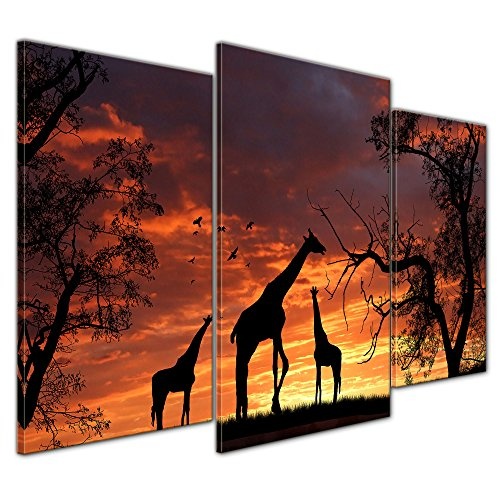 Wandbild - Giraffen im Sonnenuntergang - Bild auf Leinwand - 100x60 cm dreiteilig - Leinwandbilder - Tierwelten - Afrika - Silhouetten von Giraffen in der Steppe