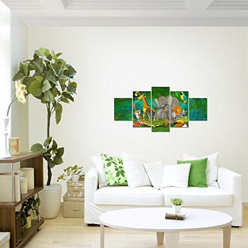 Bilder Afrika Tiere Wandbild 150 x 75 cm Vlies - Leinwand Bild XXL Format Wandbilder Wohnzimmer Wohnung Deko Kunstdrucke Grün 5 Teilig - MADE IN GERMANY - Fertig zum Aufhängen 001853a