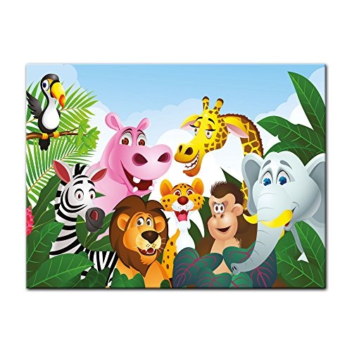 Wandbild - Kinderbild Dschungeltiere Cartoon III - Bild auf Leinwand - 40x30 cm einteilig - Leinwandbilder - Kinder - Gruppenbild von Wilden Tieren