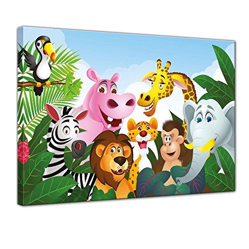 Wandbild - Kinderbild Dschungeltiere Cartoon III - Bild auf Leinwand - 40x30 cm einteilig - Leinwandbilder - Kinder - Gruppenbild von Wilden Tieren