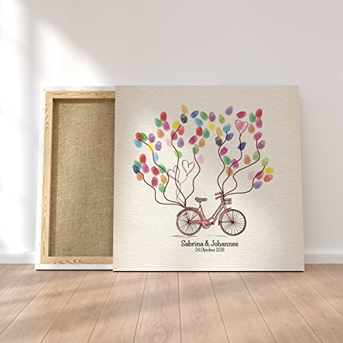 Madyes Leinwand Hochzeit Fingerabdruck Gästebuch personalisiert Bike für das Brautpaar als Geschenk, Hochzeitsdekoration, Namen mit Datum. 50x50 cm groß auf Keilrahmen Holz