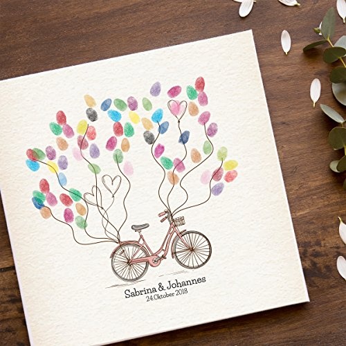 Madyes Leinwand Hochzeit Fingerabdruck Gästebuch personalisiert Bike für das Brautpaar als Geschenk, Hochzeitsdekoration, Namen mit Datum. 50x50 cm groß auf Keilrahmen Holz