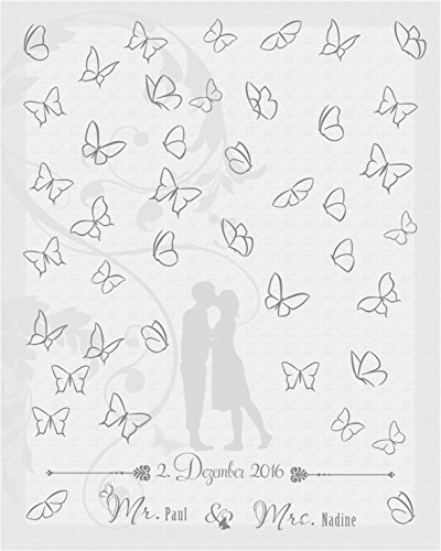Livingstyle & Wanddesign Hochzeitsleinwand Leinwandbild Leinwand Fingerabdruckbaum Wedding Tree Fingerabdruck Hochzeit Pärchen Ranke Schmetterlinge Silber (mit Staffelei)