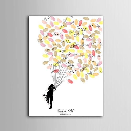 Fingerabdruck Signature Leinwandbild Liebhaber und Ballons Hochzeit Baum Hochzeit Geschenk Hochzeit Dekoration Party Geschenk Hochzeit Name (inklusive 12 Tinte Farben) 35x50cm