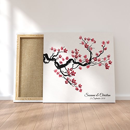 Madyes Leinwand Hochzeit Fingerabdruck Gästebuch personalisiert Baum Chinese Cherry für das Brautpaar als Geschenk, Hochzeitsdekoration, Namen mit Datum. 50x50 cm groß auf Keilrahmen Holz