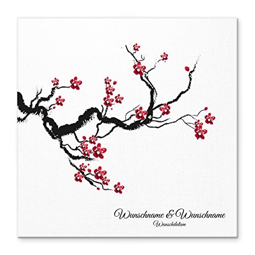 Madyes Leinwand Hochzeit Fingerabdruck Gästebuch personalisiert Baum Chinese Cherry für das Brautpaar als Geschenk, Hochzeitsdekoration, Namen mit Datum. 50x50 cm groß auf Keilrahmen Holz