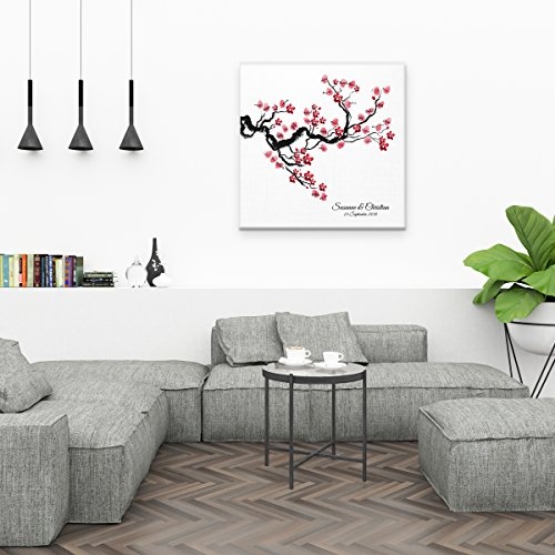 Madyes Leinwand Hochzeit Fingerabdruck Gästebuch personalisiert Baum Chinese Cherry für das Brautpaar als Geschenk, Hochzeitsdekoration, Namen mit Datum. 50x50 cm groß auf Keilrahmen Holz
