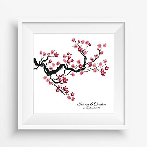 Madyes Leinwand Hochzeit Fingerabdruck Gästebuch personalisiert Baum Chinese Cherry für das Brautpaar als Geschenk, Hochzeitsdekoration, Namen mit Datum. 50x50 cm groß auf Keilrahmen Holz