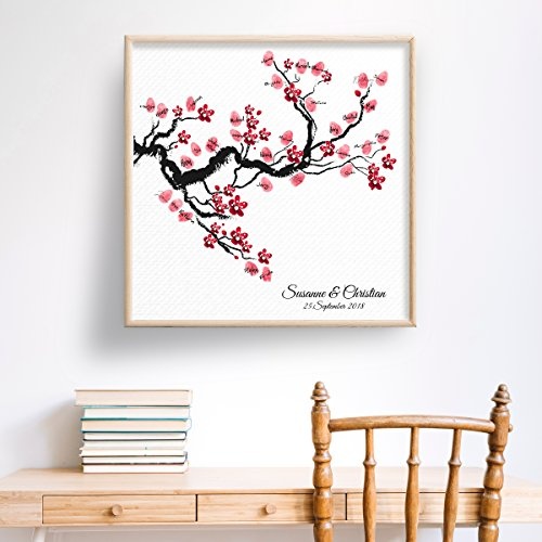 Madyes Leinwand Hochzeit Fingerabdruck Gästebuch personalisiert Baum Chinese Cherry für das Brautpaar als Geschenk, Hochzeitsdekoration, Namen mit Datum. 50x50 cm groß auf Keilrahmen Holz