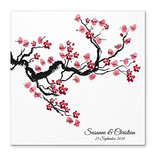 Madyes Leinwand Hochzeit Fingerabdruck Gästebuch personalisiert Baum Chinese Cherry für das Brautpaar als Geschenk, Hochzeitsdekoration, Namen mit Datum. 50x50 cm groß auf Keilrahmen Holz