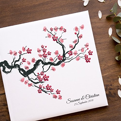 Madyes Leinwand Hochzeit Fingerabdruck Gästebuch personalisiert Baum Chinese Cherry für das Brautpaar als Geschenk, Hochzeitsdekoration, Namen mit Datum. 50x50 cm groß auf Keilrahmen Holz