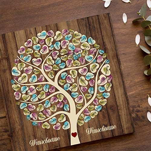 Madyes Leinwand Hochzeit Fingerabdruck Gästebuch personalisiert Wooden Tree für das Brautpaar als Geschenk, Hochzeitsdekoration, Namen mit Datum. 50x50 cm groß auf Keilrahmen Holz