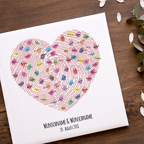 Madyes Leinwand Hochzeit Fingerabdruck Gästebuch personalisiert Herz für das Brautpaar als Geschenk, Hochzeitsdekoration, Namen mit Datum. 50x50 cm groß auf Keilrahmen Holz