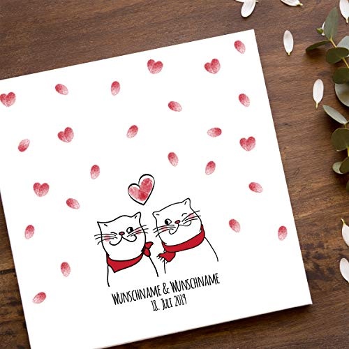Gästebuch Hochzeit personalisiert Leinwand Fingerabdruck Katzen für das Brautpaar als Geschenk, Hochzeitsdekoration, Namen mit Datum. 50x50 cm groß auf Keilrahmen Holz