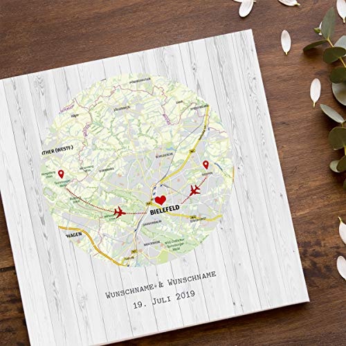 Madyes Leinwand Hochzeit Fingerabdruck Gästebuch personalisiert Landkarte rund für das Brautpaar als Geschenk, Hochzeitsdekoration, Namen mit Datum. 50x50 cm groß auf Keilrahmen Holz